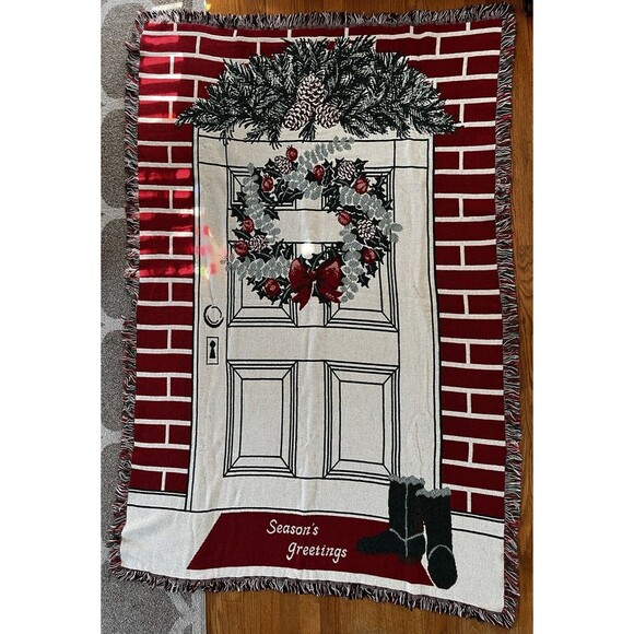 Vintage Chatham Woven Tapestry Throw Season's Greetings Cotton Blanket - Picture 7 of 7